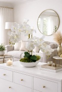 Storczyk biały Phalaenopsis w białej misie - sztuczna dekoracja do salonu