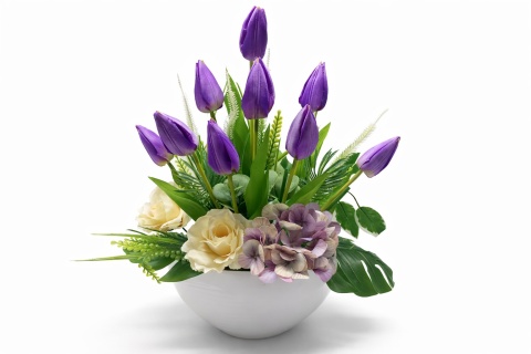 Stroik Wielkanocny Tulipany Fioletowe Wiosenny Stroik na Stół Komodę Dekoracja 45 cm