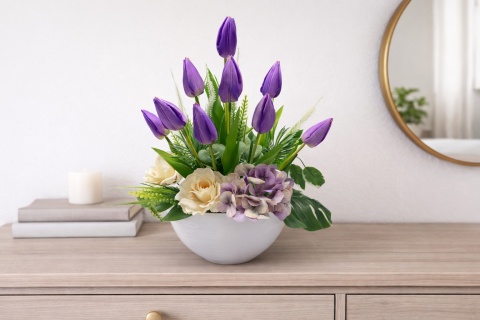 Stroik Wielkanocny Tulipany Fioletowe Wiosenny Stroik na Stół Komodę Dekoracja 45 cm