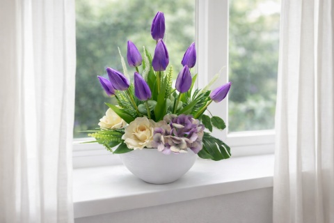 Stroik Wielkanocny Tulipany Fioletowe Wiosenny Stroik na Stół Komodę Dekoracja 45 cm