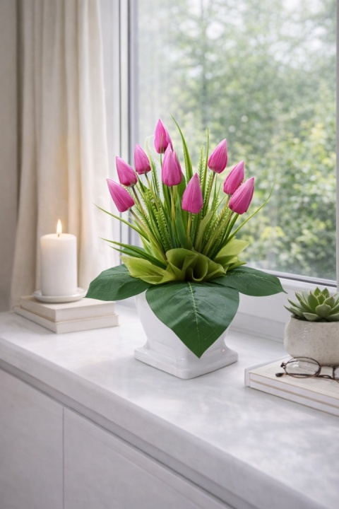 Stroik z tulipanów różowych w donicy 55 cm dekoracja wielkanocna