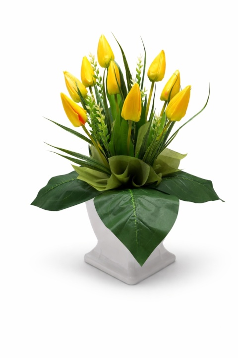 Stroik z tulipanów żółtych w donicy 55 cm dekoracja wielkanocna